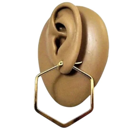 1 5/8 Inch 46mm Six Side Hoop Pierced Post Earrings Gold Tone - Picture 2 of 5